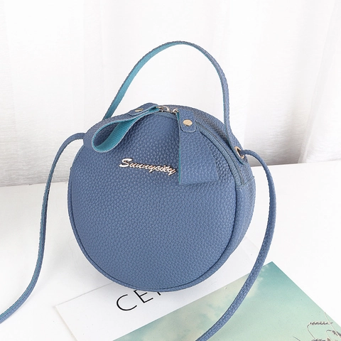 Women Litchi Texture PU Leather Round Crossbody Bag Double Zipper Small Shoulder Bag With Bow Metal Logo For Daily Use