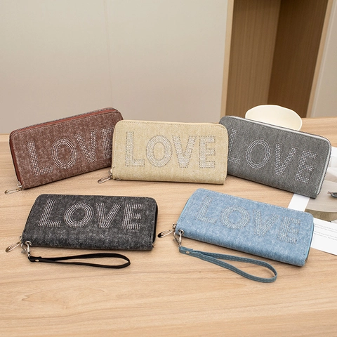 Women Long Zipper Wallet PU Leather Denim Texture Clutch Bag Rhinestone LOVE Decor With Wristlet Strap Large Capacity