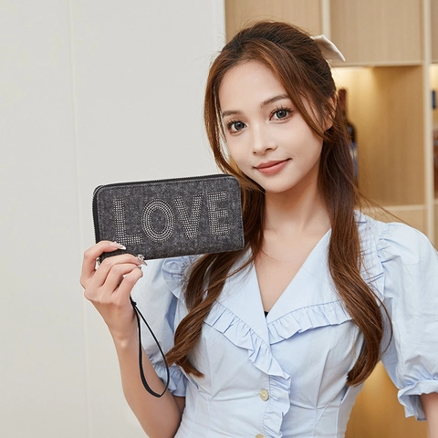 Women Long Zipper Wallet PU Leather Denim Texture Clutch Bag Rhinestone LOVE Decor With Wristlet Strap Large Capacity