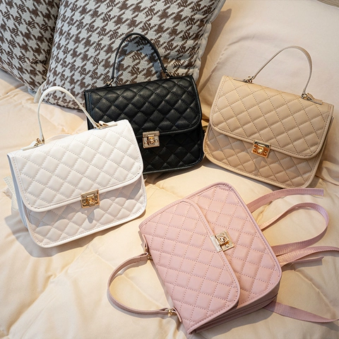 Zaino da Donna alla Moda in Reticolo di Diamanti Trapuntato Borsa a Tracolla Multivia in Pelle PU Con Serratura in Metallo Oro