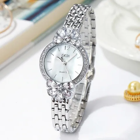 Women Quartz Watch Elegant Flower Rhinestone Analog Waterproof Wristwatch Luxury Fashion Metal Strap Jewelry