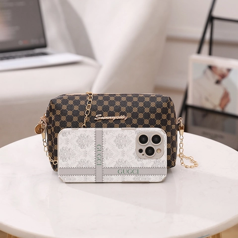 Vintage Monogram Print PU Leather Crossbody Bag For Women Small Square Shoulder Bag With Gold Metal Chain Strap