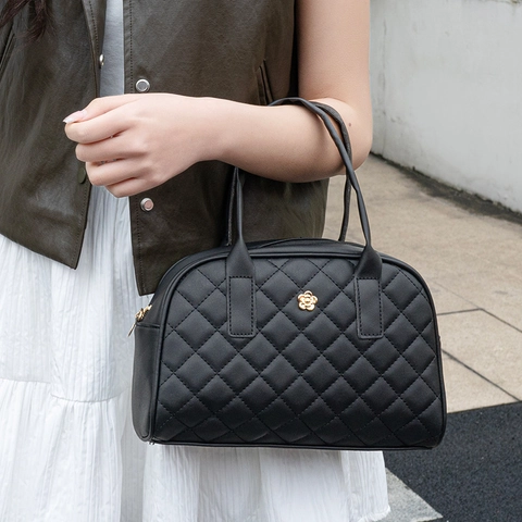 Bolso De Mano Acolchado Con Rombos Para Mujer Cuero PU Decoración De Flores Gran Capacidad Asa Bolso De Hombro Moda Elegante