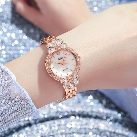 Women Quartz Watch Elegant Flower Rhinestone Analog Waterproof Wristwatch Luxury Fashion Metal Strap Jewelry