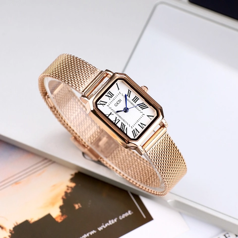 Women's Quartz Watch Vintage Rectangular Case Roman Numerals Stainless Steel Mesh Strap Waterproof Elegant Dress Timepiece
