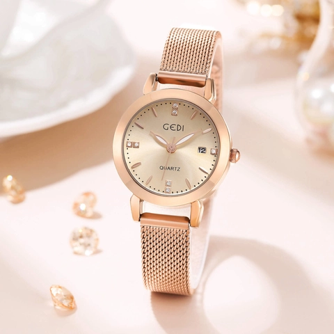 Women Quartz Watch Fashion Luxury Elegant Stainless Steel Mesh Strap Waterproof Rhinestone Analog Display Calendar Date