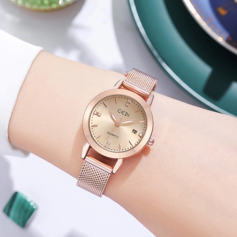 Women Quartz Watch Fashion Luxury Elegant Stainless Steel Mesh Strap Waterproof Rhinestone Analog Display Calendar Date