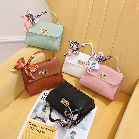 Woven PU Leather Handbag With Satin Scarf Handle Small Square Crossbody Bag Gold Chain Twist Lock For Women Elegant