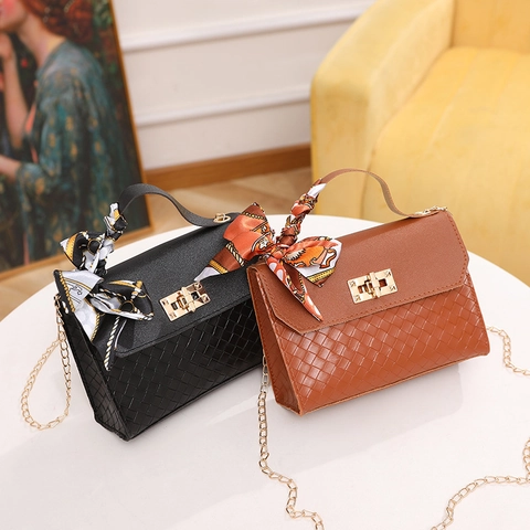 Woven PU Leather Handbag With Satin Scarf Handle Small Square Crossbody Bag Gold Chain Twist Lock For Women Elegant