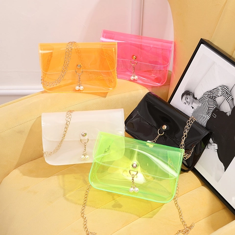 Transparente PVC Schultertasche Goldene Metallkette Kunstperlenanhänger Jelly Style Crossbody Für Damen Modisch Sommer