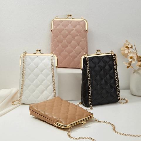 Damen Gesteppte Umhängetasche Handy PU Leder Kussverschluss Goldkette Retro Elegante Mini Schultertasche