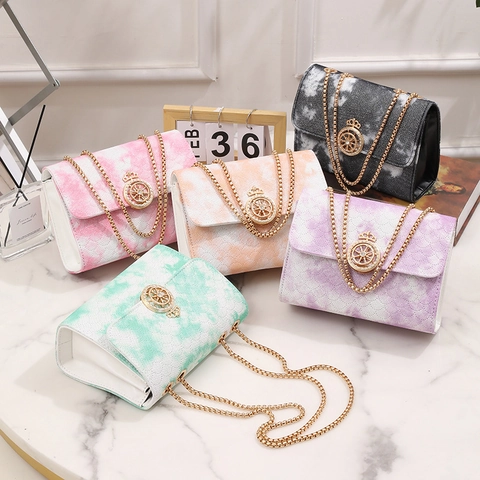 Women Chain Crossbody Bag PU Leather Tie Dye Gradient Pattern Gold Crown Buckle Quilted Fashion Shoulder Handbag