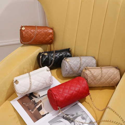 Bolso Cilíndrico De Cuero PU Acolchado Color Sólido Bolso De Hombro Bandolera Con Cadena Dorada Moda Elegante Mujer