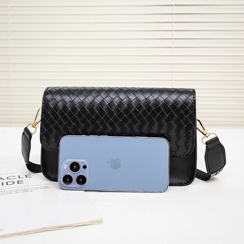 Women Woven Flap Shoulder Crossbody Bag PU Leather Small Square Purse With Golden Clasp And Wide Printed Strap