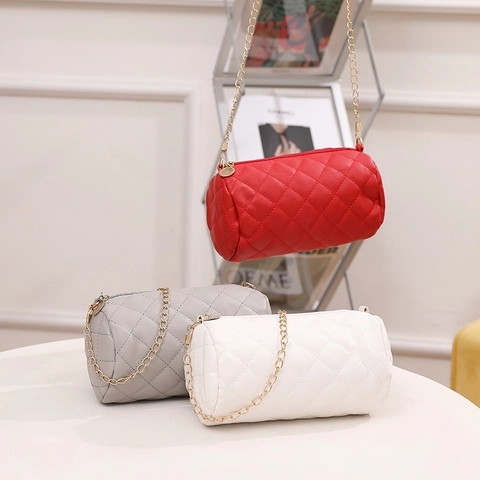 Bolso Cilíndrico De Cuero PU Acolchado Color Sólido Bolso De Hombro Bandolera Con Cadena Dorada Moda Elegante Mujer