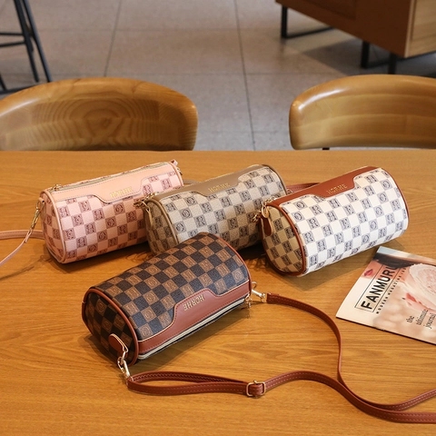 Borsa Tracolla Cilindro Donna Vintage Retro Pelle PU Motivo Scacchiera Lettera Tracolla Regolabile Borsa Casual
