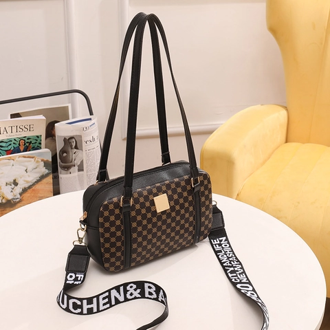 Women Vintage Monogram Handbag PU Leather Large Capacity Shoulder Bag With Detachable Wide Strap Gold Tone Hardware