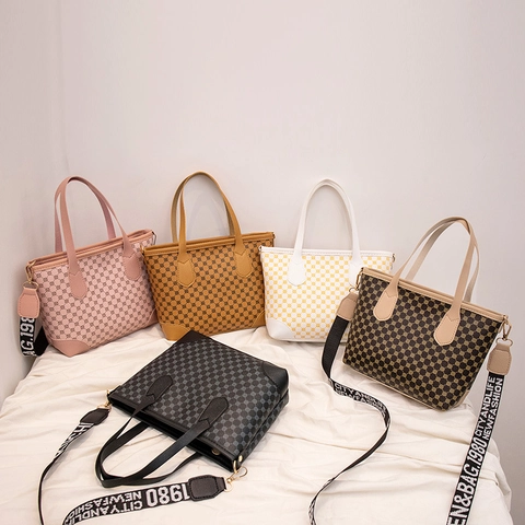 Borsa Tote Donna Pelle PU Grande Capacità Stampa Geometrica Tracolla Larga Tessuto Retro Moda Tendenza Versatile Mano
