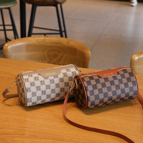 Borsa Tracolla Cilindro Donna Vintage Retro Pelle PU Motivo Scacchiera Lettera Tracolla Regolabile Borsa Casual
