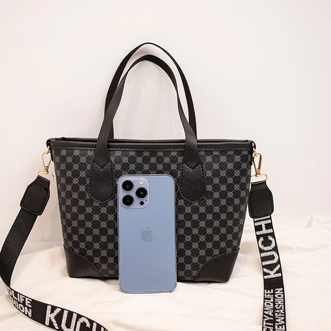 Borsa Tote Donna Pelle PU Grande Capacità Stampa Geometrica Tracolla Larga Tessuto Retro Moda Tendenza Versatile Mano