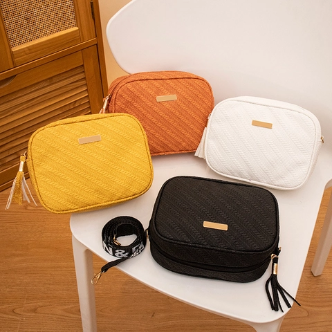 Women PU Leather Embossed Camera Bag With Tassel Alphabet Wide Strap Fashion Casual Small Crossbody Square Bag For Daily