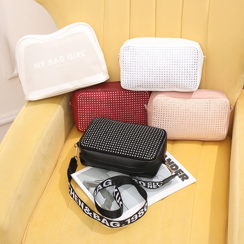 Dames Crossbody Tas Strass PU Leer Mode Brede Riem Sprankelend Rechthoekig Camera Schoudertas