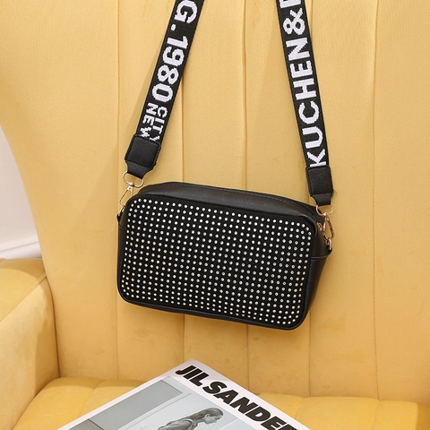 Women's Fashion PU Leather Rhinestone Crossbody Bag Small Square Camera Bag With Wide Letter Shoulder Strap Casual Shoulder Handbag