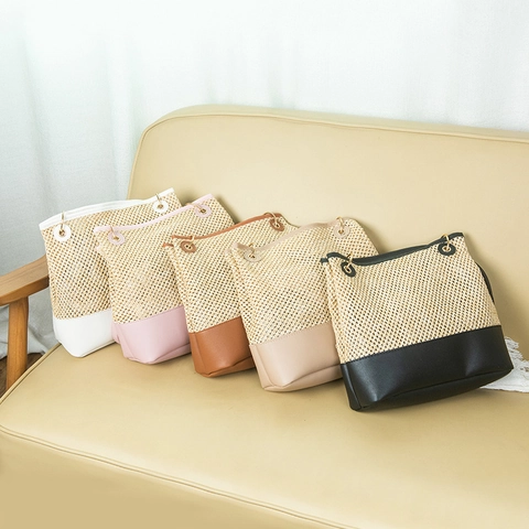Damen Stroh Gewebte Tragetasche PU Leder Patchwork Große Kapazität Sommer Strand Schulterhandtasche Retro Stil