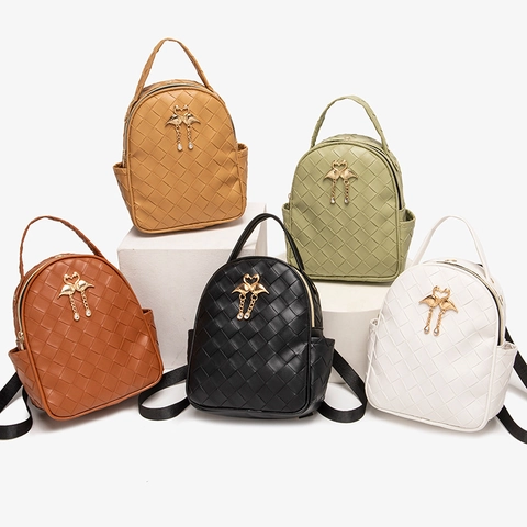 Women Mini Backpack PU Leather Woven Pattern Golden Swan Charm Trendy Small Bookbag For Daily Use