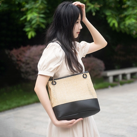 Damen Stroh Gewebte Tragetasche PU Leder Patchwork Große Kapazität Sommer Strand Schulterhandtasche Retro Stil
