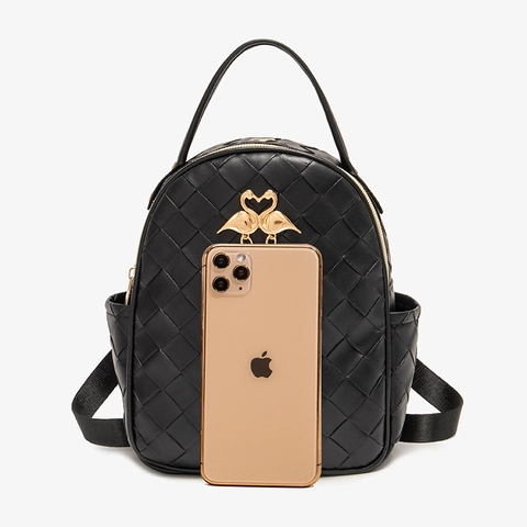 Women Mini Backpack PU Leather Woven Pattern Golden Swan Charm Trendy Small Bookbag For Daily Use