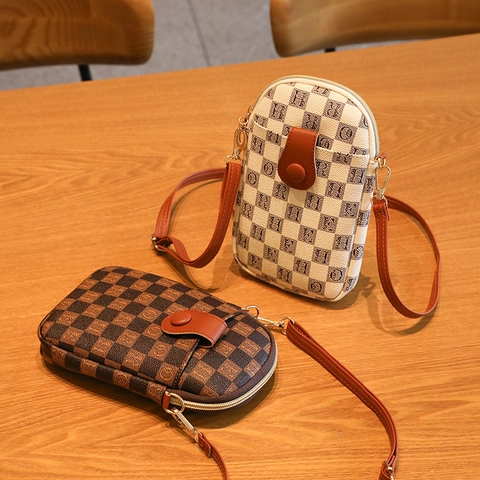 Vintage Crossbody Telefoontas Van PU Leer Met Schaakbordpatroon En Letters Verstelbare Schouderband Voor Dames