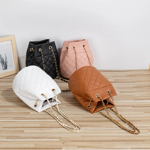 Borsa A Secchiello Trapuntata Da Donna In Pelle PU Motivo A Rombi Con Tracolla A Catena Dorata Coulisse Casual Moda