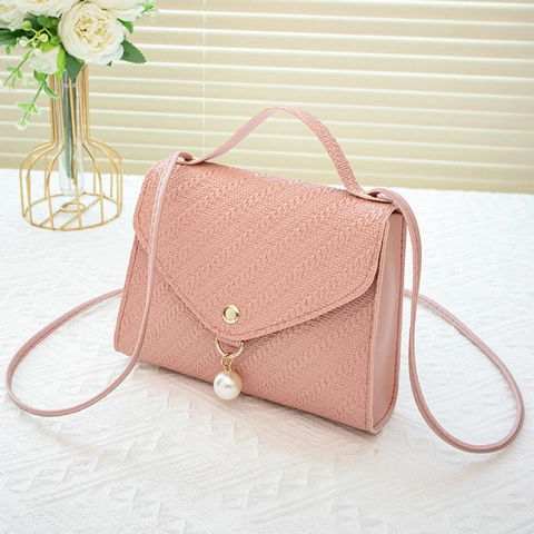 Women PU Leather Crossbody Bag Embossed Small Square Handbag With Artificial Pearl Pendant And Top Handle Elegant Shoulder Purse