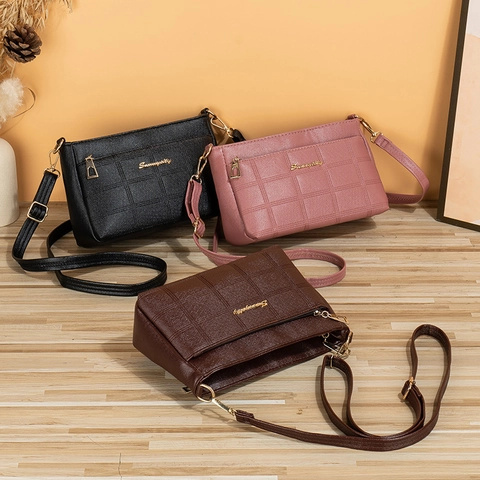 Chic Women Crossbody Bag PU Leather Embossed Grid Messenger Shoulder Bag Multi Pocket Golden Metal Logo Versatile Casual