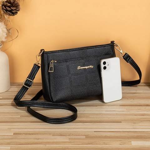 Chic Women Crossbody Bag PU Leather Embossed Grid Messenger Shoulder Bag Multi Pocket Golden Metal Logo Versatile Casual