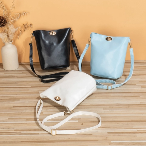 Women Mini Bucket Bag PU Leather Solid Color Gold Twist Lock Adjustable Strap Crossbody Shoulder Bag Simple Elegant