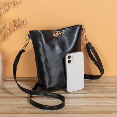 Women Mini Bucket Bag PU Leather Solid Color Gold Twist Lock Adjustable Strap Crossbody Shoulder Bag Simple Elegant