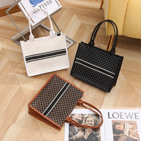 Dames PU Lederen Tote Handtas Grote Capaciteit Geometrisch Patroon Contraststreep Retro Schoudertas Voor Dagelijks