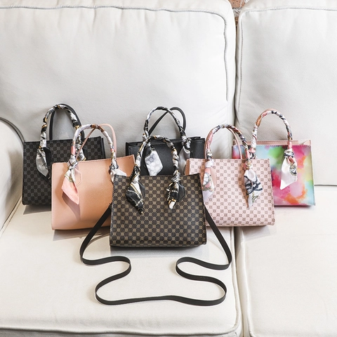 Women Printed PU Leather Handbag With Scarf Handle Detachable Strap Vintage Monogram Crossbody Shoulder Bag