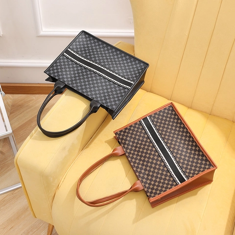 Dames PU Lederen Tote Handtas Grote Capaciteit Geometrisch Patroon Contraststreep Retro Schoudertas Voor Dagelijks