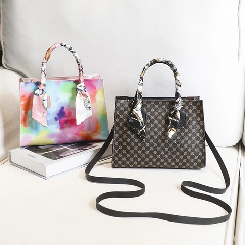 Women Printed PU Leather Handbag With Scarf Handle Detachable Strap Vintage Monogram Crossbody Shoulder Bag