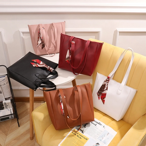 Große Kapazität PU Leder Tote Tasche Mit Satinnschal Dekor Schulter Eimer Tasche Handtasche Koreanischer Stil Minimalistisch