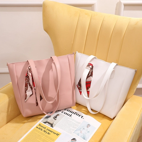 Große Kapazität PU Leder Tote Tasche Mit Satinnschal Dekor Schulter Eimer Tasche Handtasche Koreanischer Stil Minimalistisch