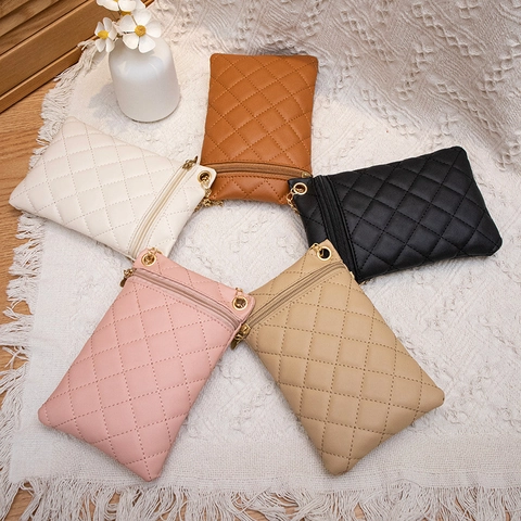 Women Quilted Rhombic PU Leather Mobile Phone Bag Small Square Crossbody Bag With Gold Chain Strap Elegant