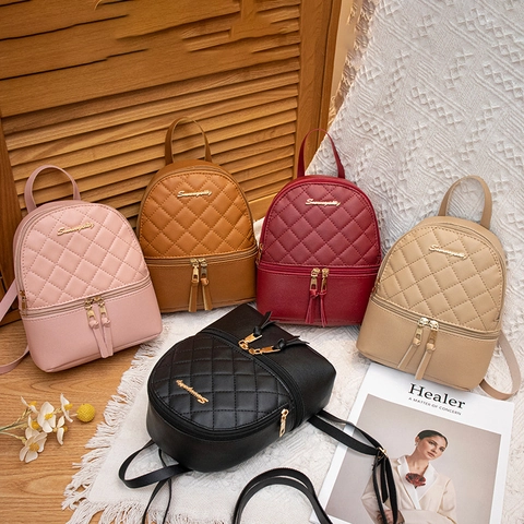 Mode Damen Mini Rucksack Gestepptes PU Leder Doppelreißverschluss Kopfhörerloch Lässige Reisetasche Kleiner Tagesrucksack
