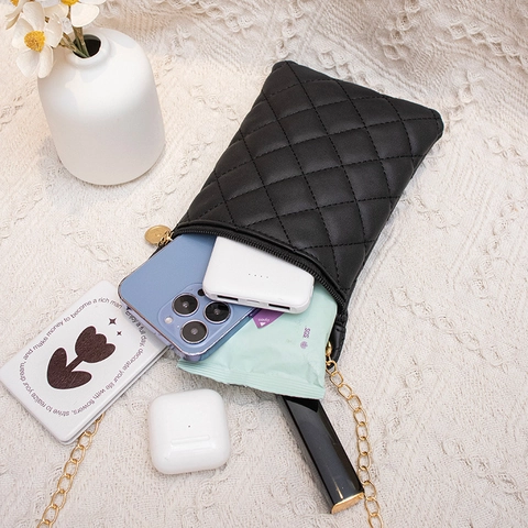 Women Mobile Phone Crossbody Bag Quilted PU Leather Rhombic Pattern Small Shoulder Bag With Gold Chain Strap