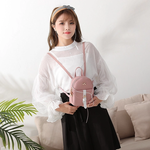 Mini Sac à Dos en Cuir PU à Nœud Doux à la Mode Sac Bandoulière Femme Couleur Contrastée Petit Cartable Minimaliste Sac à Main Épaule