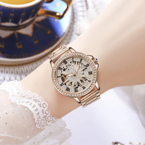 Automatische Mechanische Damenuhr Skelett Hohl Design Strass Sternenhimmel Roségold Wasserdicht Römische Ziffern Luxus Zeitmesser