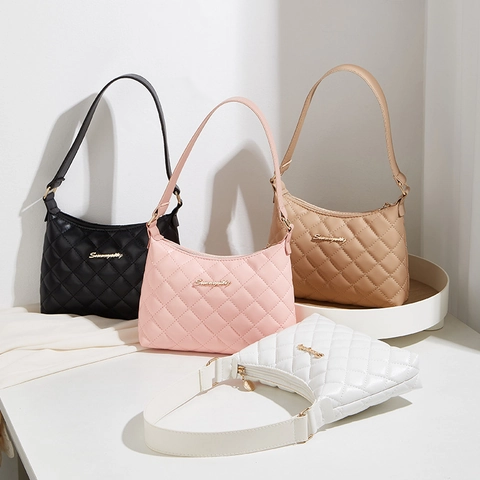 Bolso De Axila Acolchado Mujeres Cuero PU Bolso De Hombro Diamante Cremallera Versátil Elegante Retro Color Sólido